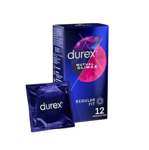 Prezervative cu striatii Durex Mutual Climax - regular fit - cu efect de stimulare clitoridiana si intarziere ejaculare - 56 mm - 1 cutie x 12 buc
